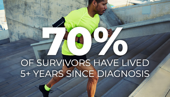 Man in activewear running up steps with text 78 percent of survivors have lived 5+ years since diagnosis